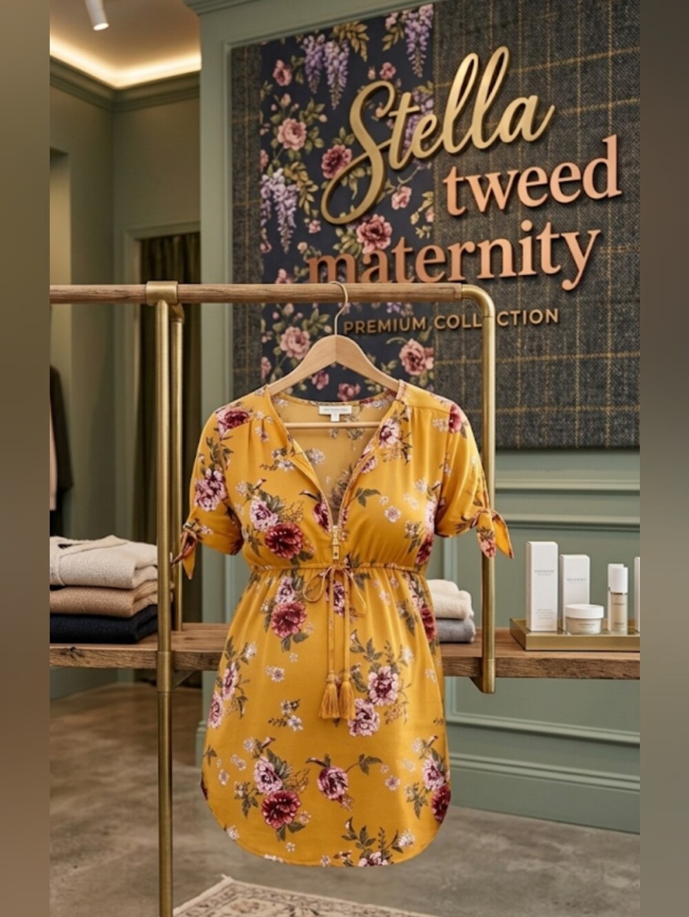 Stella Tweed Mustard Floral Maternity Tunic Top Zipper Accent Medium NWOT